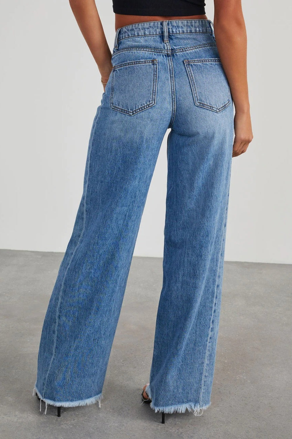 Raw Hem Wide Leg Jeans with Pockets - Whateversit