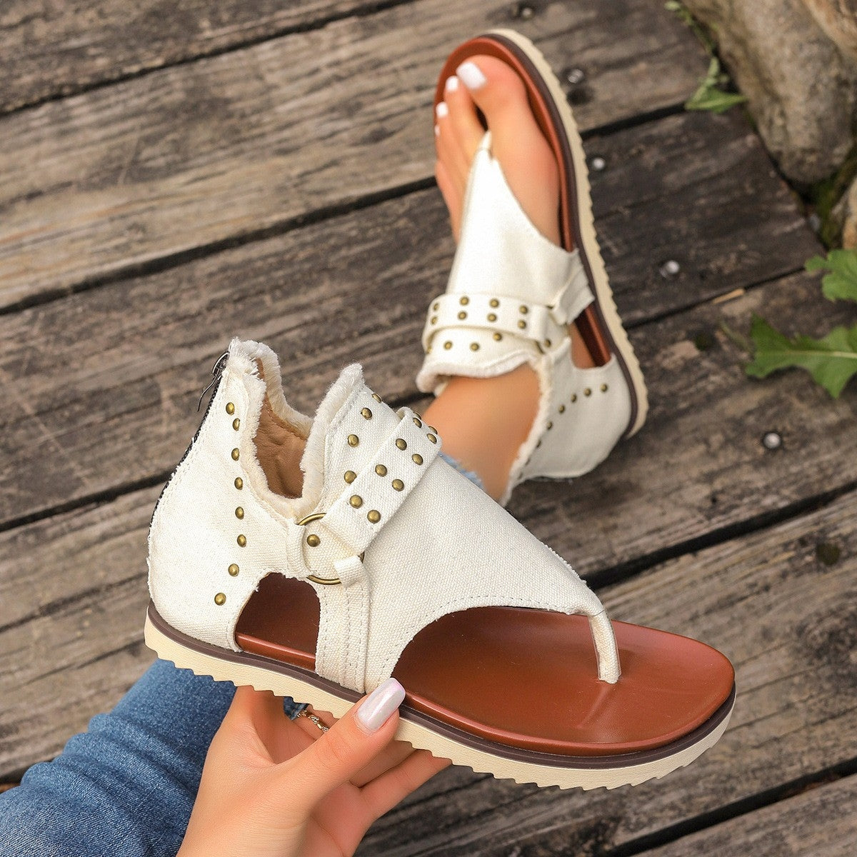 Studded Raw Hem Flat Sandals - Whateversit