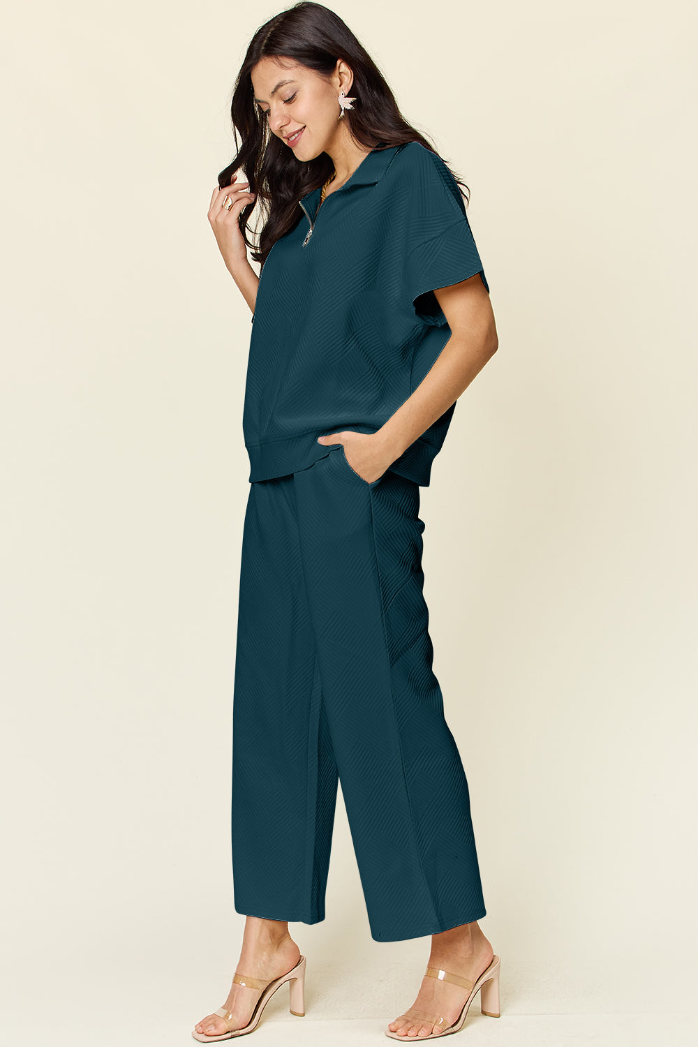 Double Take Full Size Texture Half Zip Short Sleeve Top and Pants Set - Whateversit