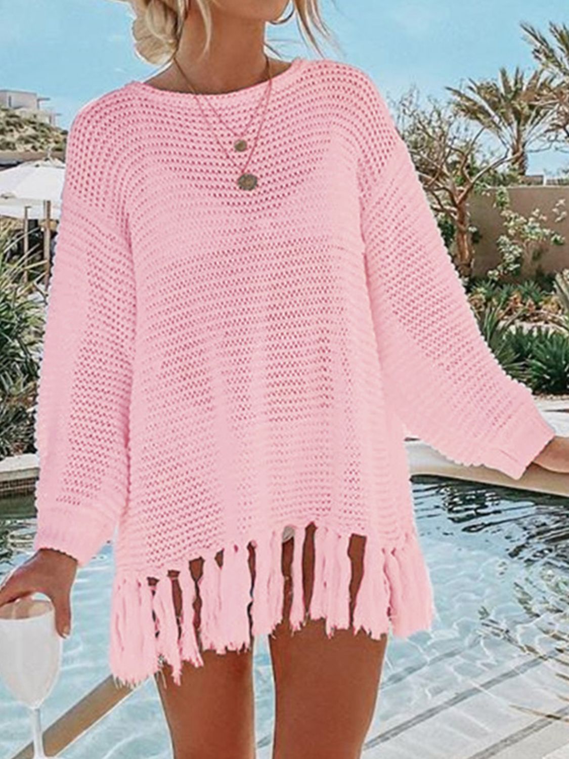 Double Take Openwork Tassel Hem Long Sleeve Knit Cover Up - Whateversit