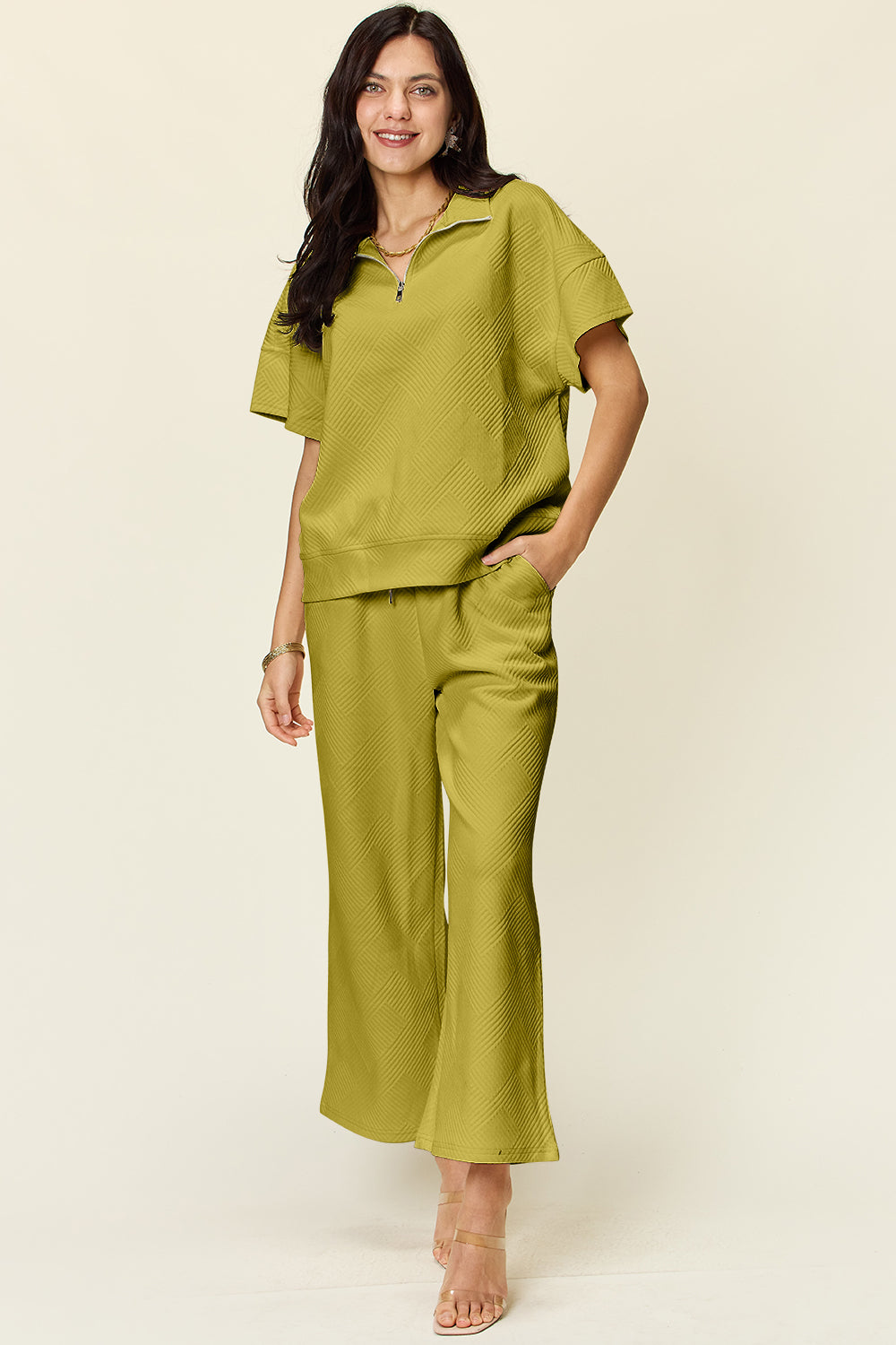 Double Take Full Size Texture Half Zip Short Sleeve Top and Pants Set - Whateversit