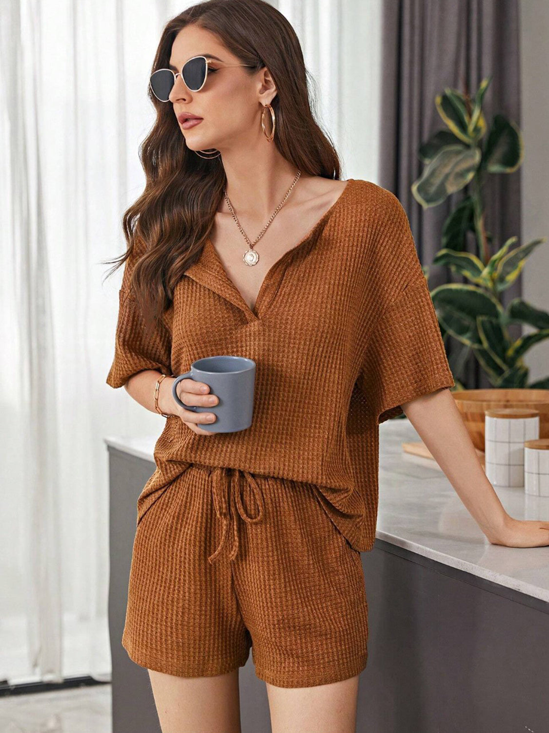 Full Size Waffle-Knit Dropped Shoulder Top and Shorts Set - Whateversit