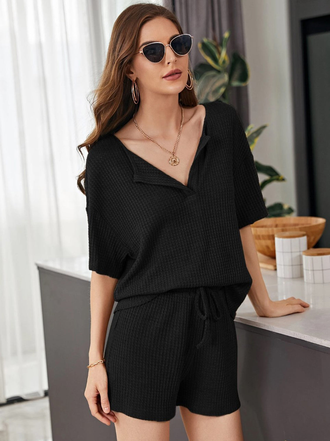 Full Size Waffle-Knit Dropped Shoulder Top and Shorts Set - Whateversit