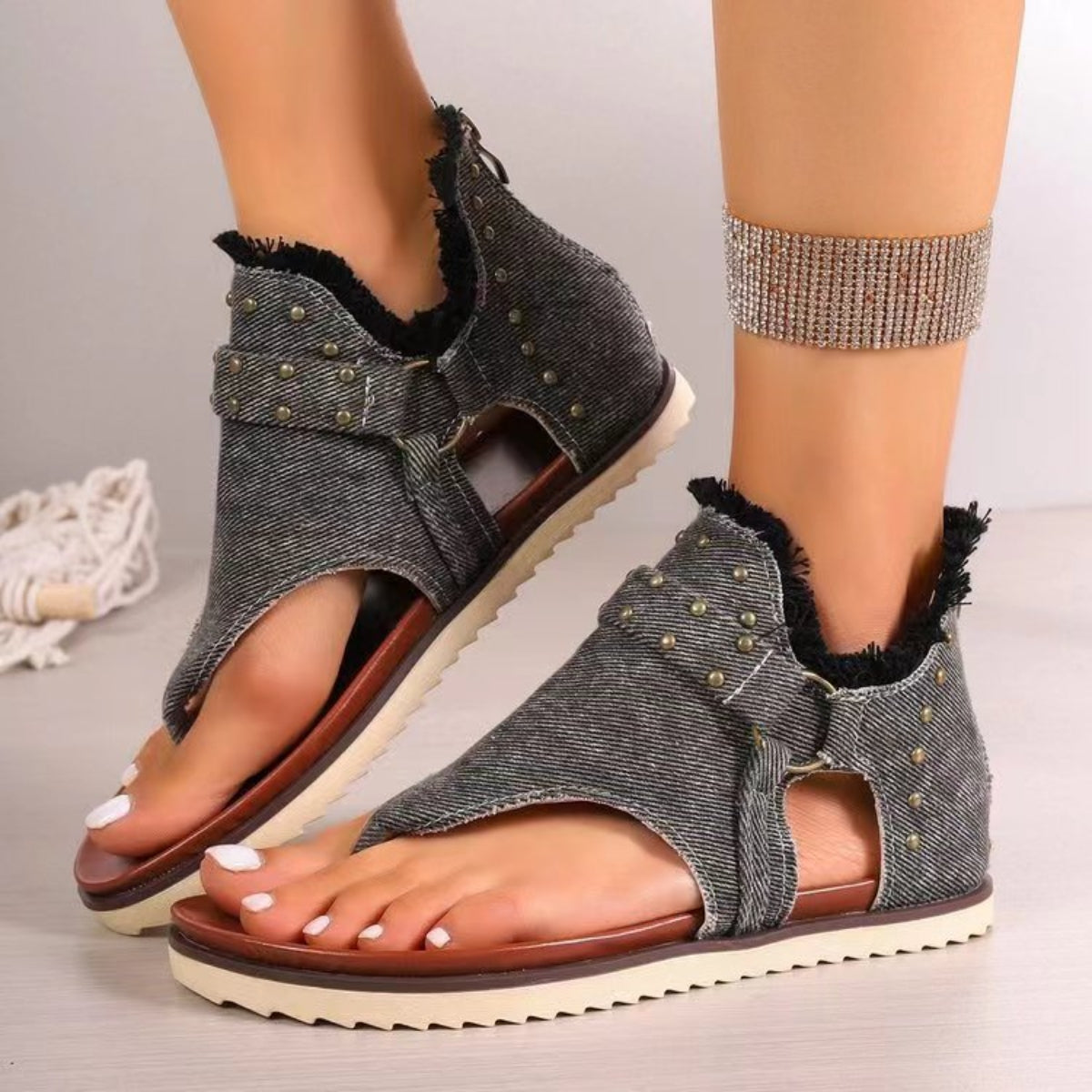 Studded Raw Hem Flat Sandals - Whateversit
