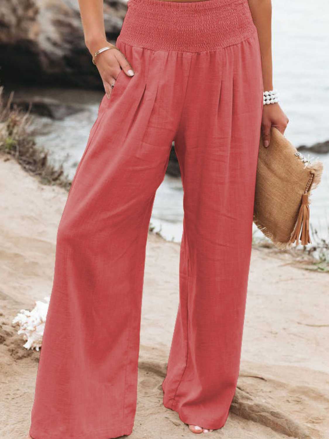 Full Size Smocked Waist Wide Leg Pants - Whateversit