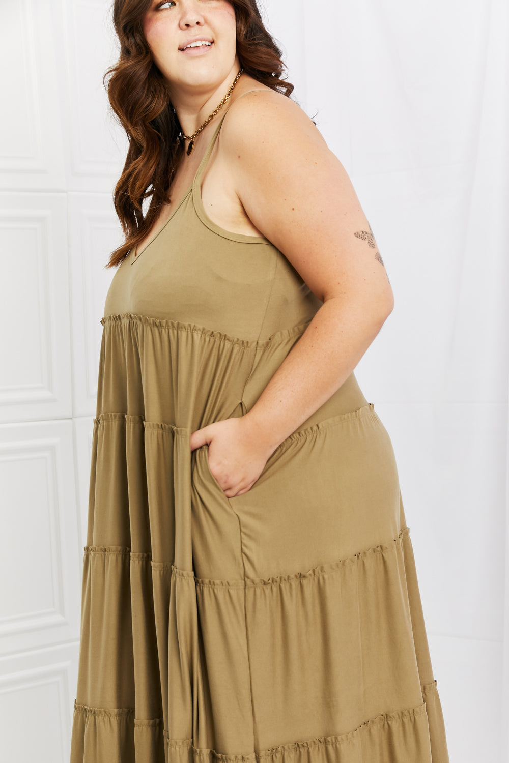 Zenana Full Size Spaghetti Strap Tiered Dress with Pockets in Khaki - Whateversit