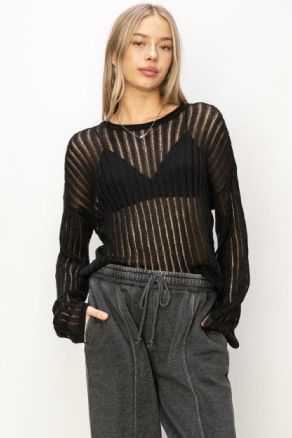 HYFVE Openwork Ribbed Long Sleeve Knit Top - Whateversit