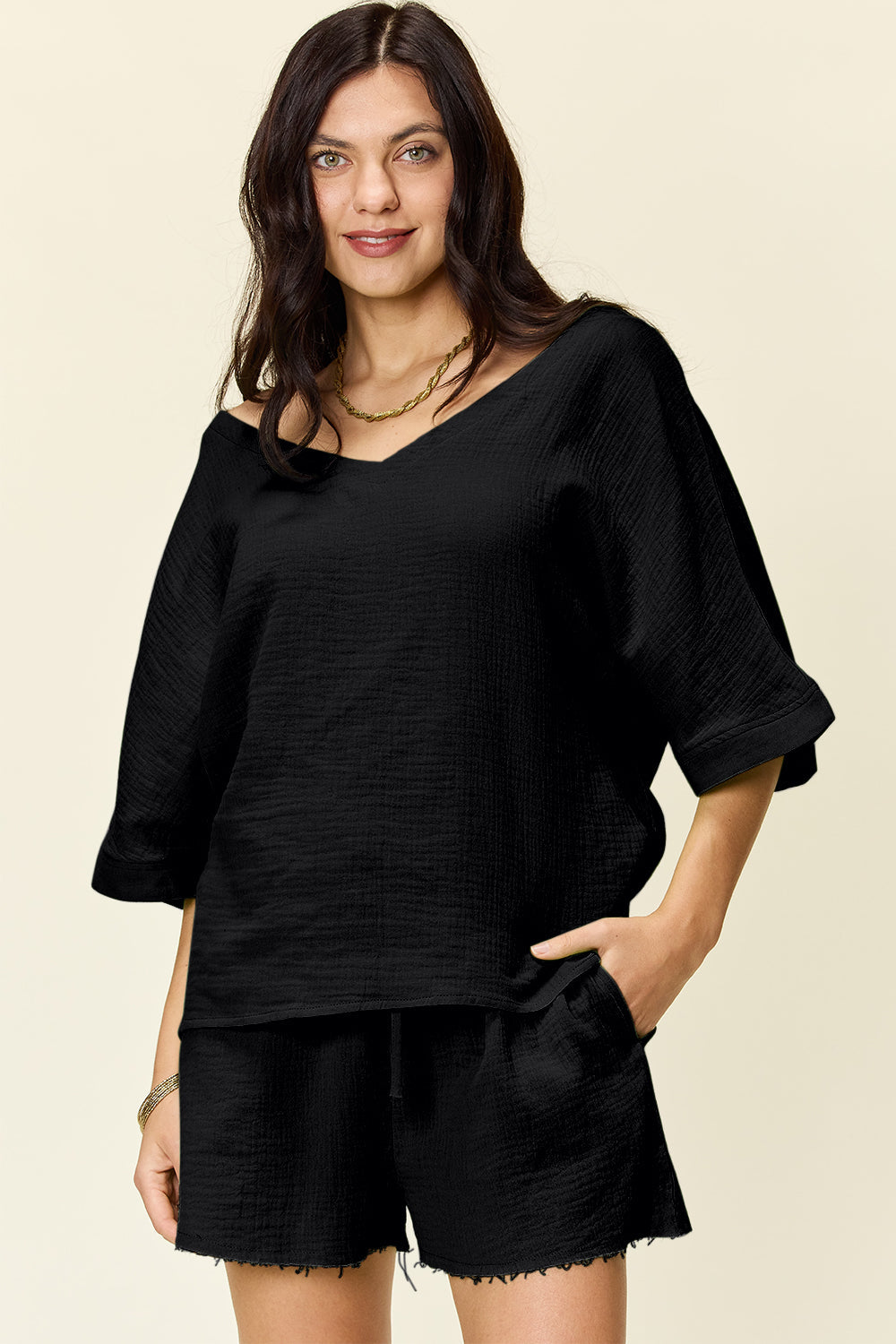 Double Take Texture Half Sleeve T-Shirt and Drawstring Shorts Set - Whateversit