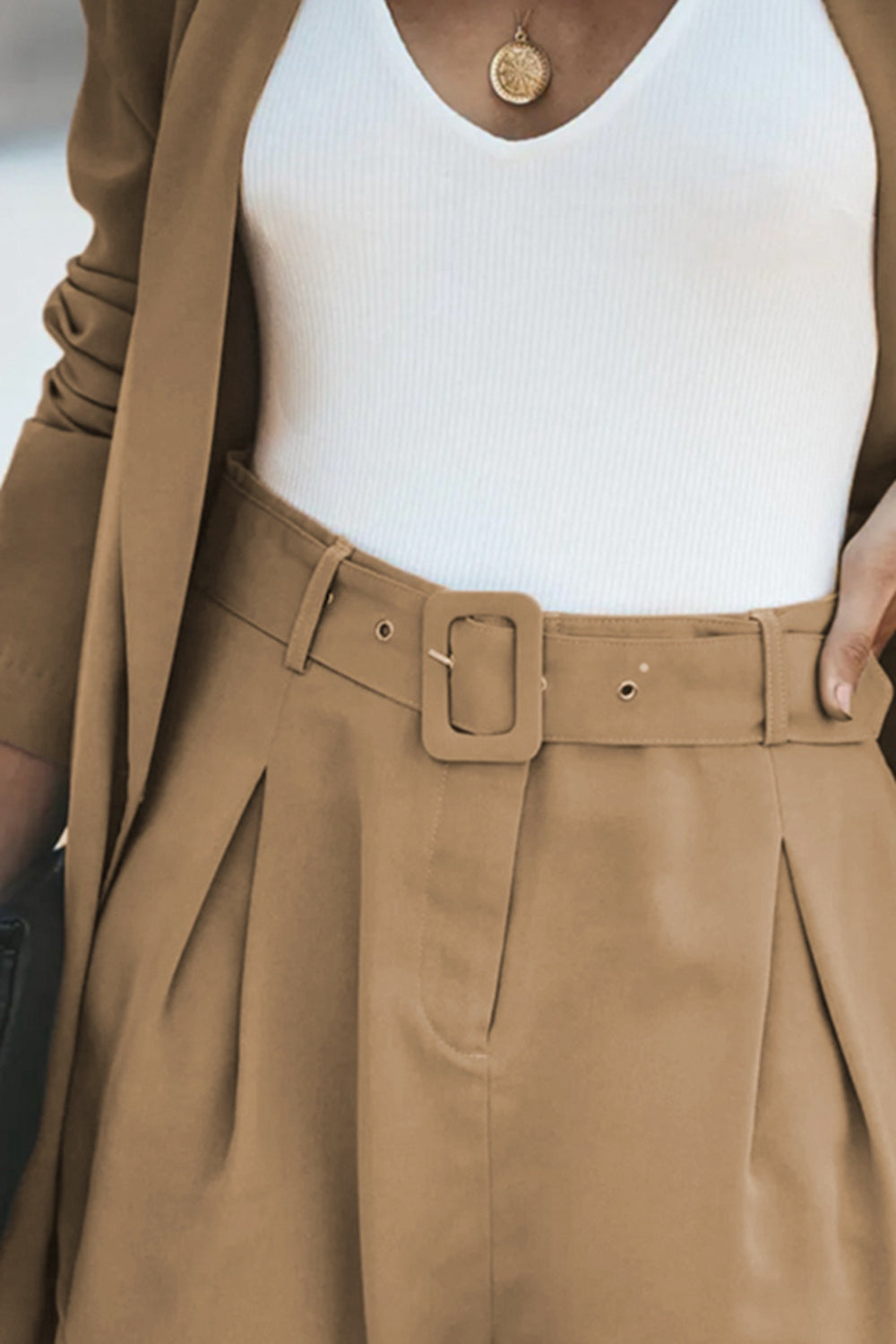 Longline Blazer and Shorts Set with Pockets - Whateversit