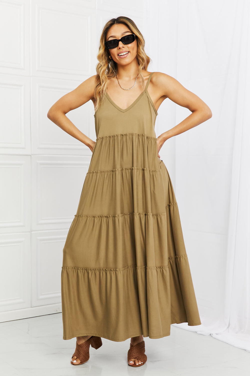 Zenana Full Size Spaghetti Strap Tiered Dress with Pockets in Khaki - Whateversit