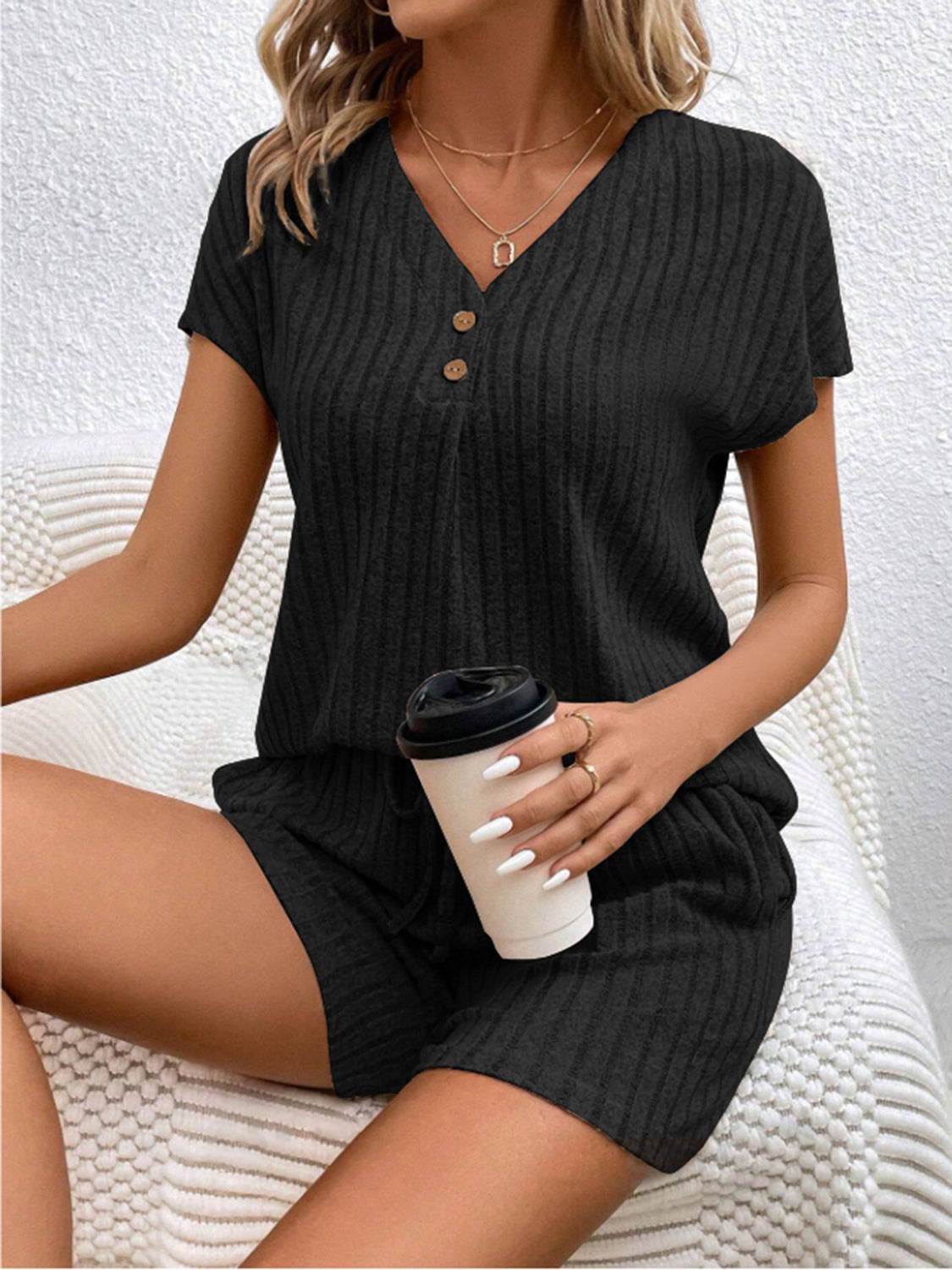 Ribbed V-Neck Top and Shorts Set - Whateversit