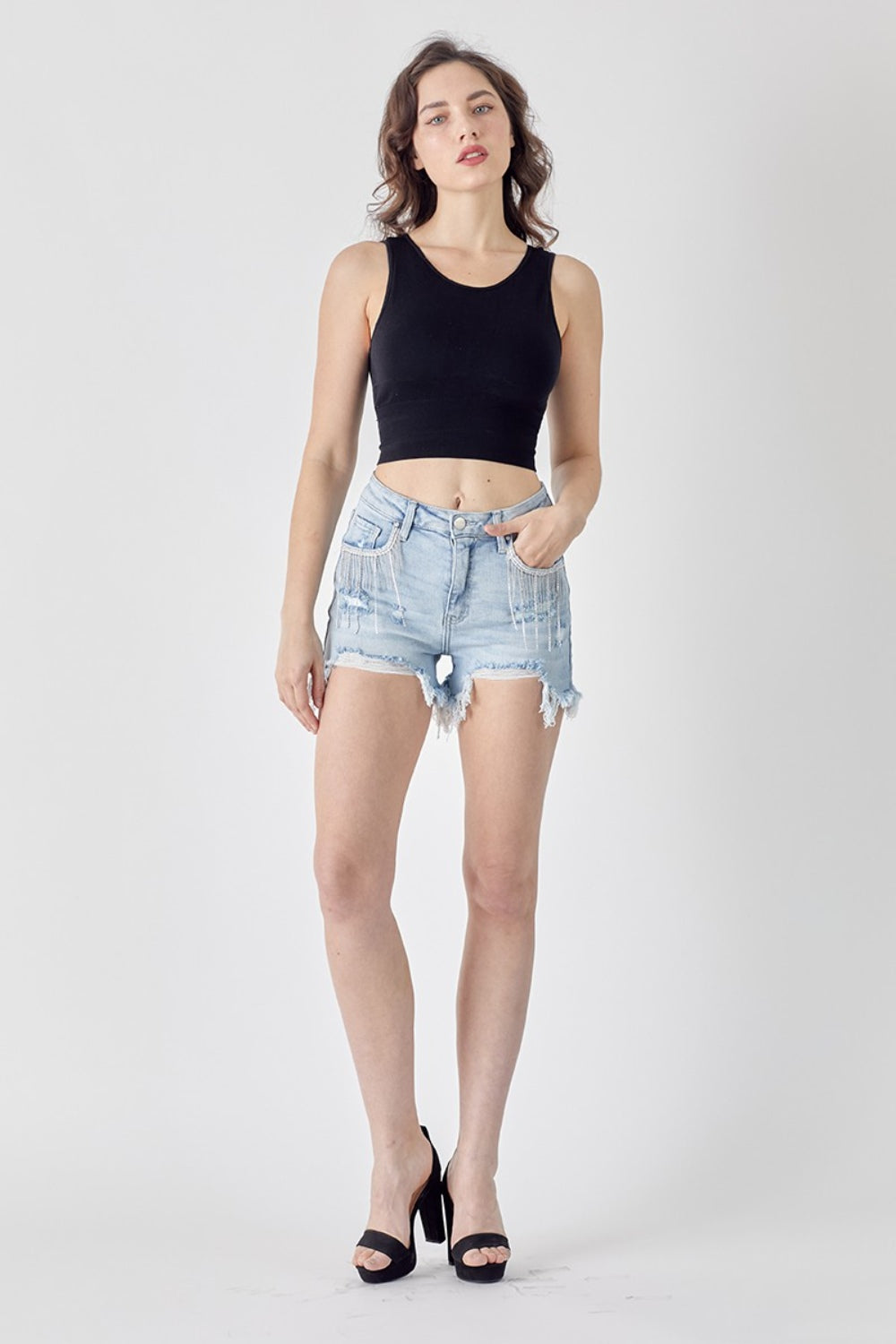 RISEN Frayed Hem Denim Shorts with Fringe Detail Pockets - Whateversit