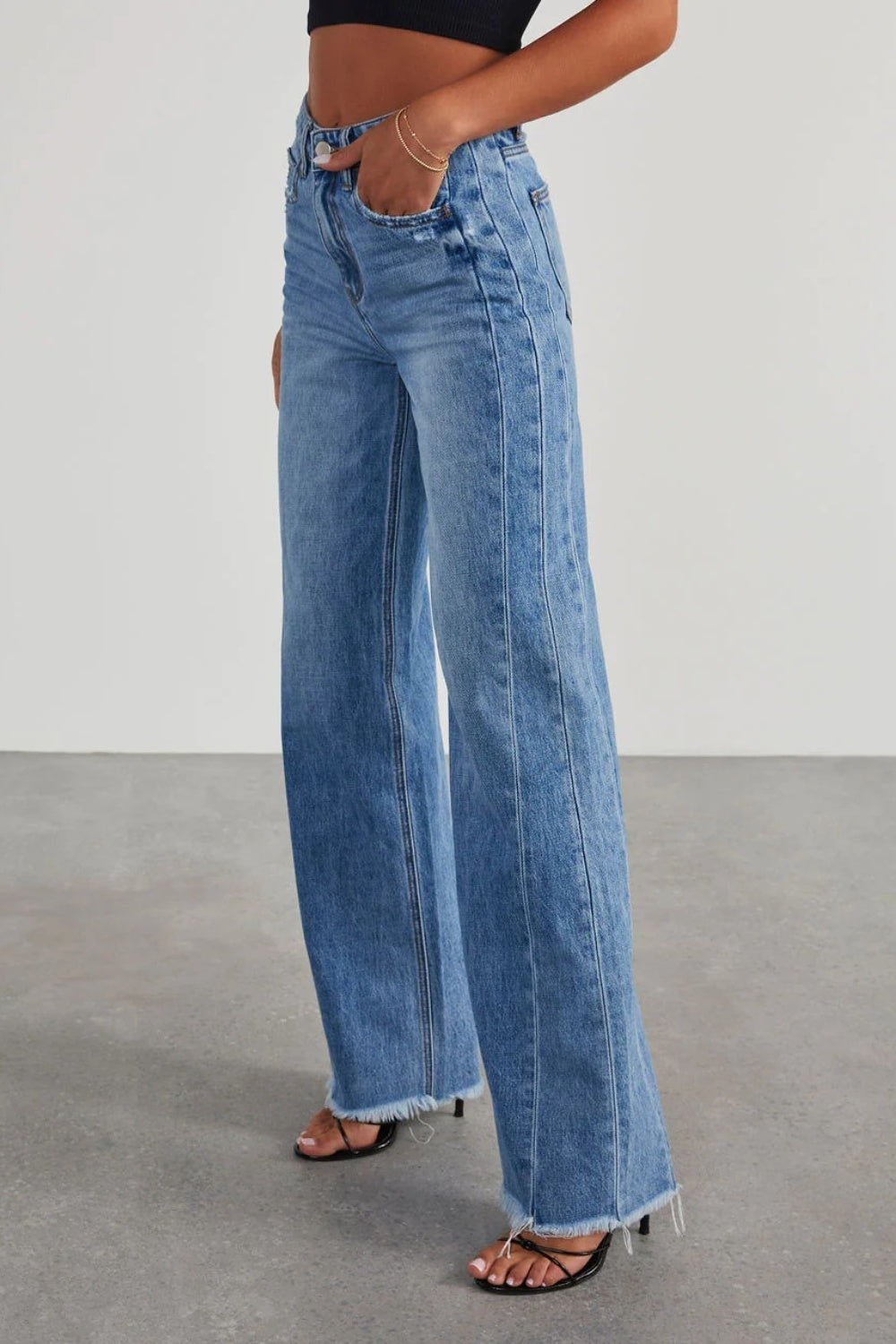Raw Hem Wide Leg Jeans with Pockets - Whateversit