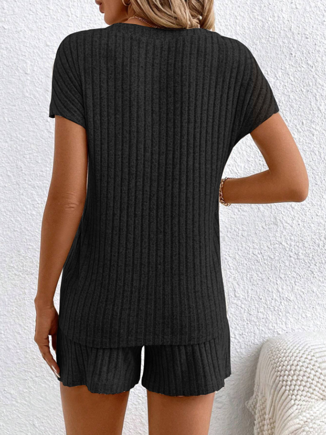 Ribbed V-Neck Top and Shorts Set - Whateversit