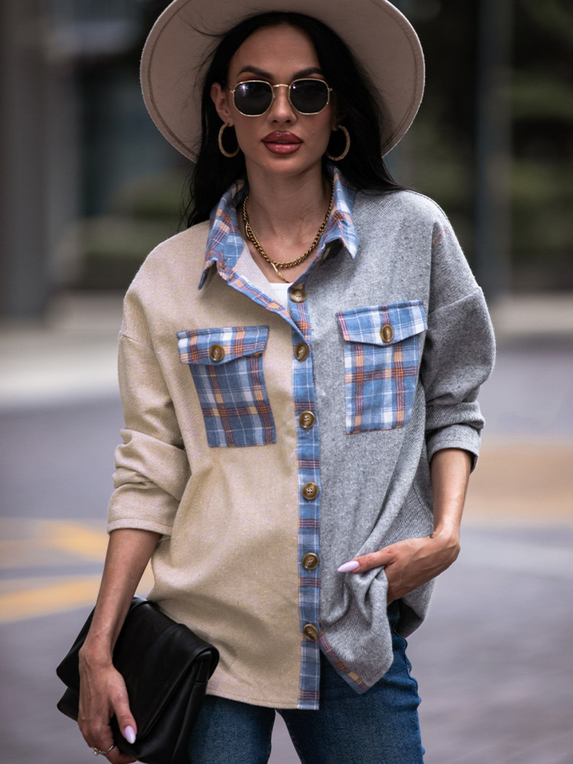 Plaid Contrast Drop Shoulder Shacket - Whateversit