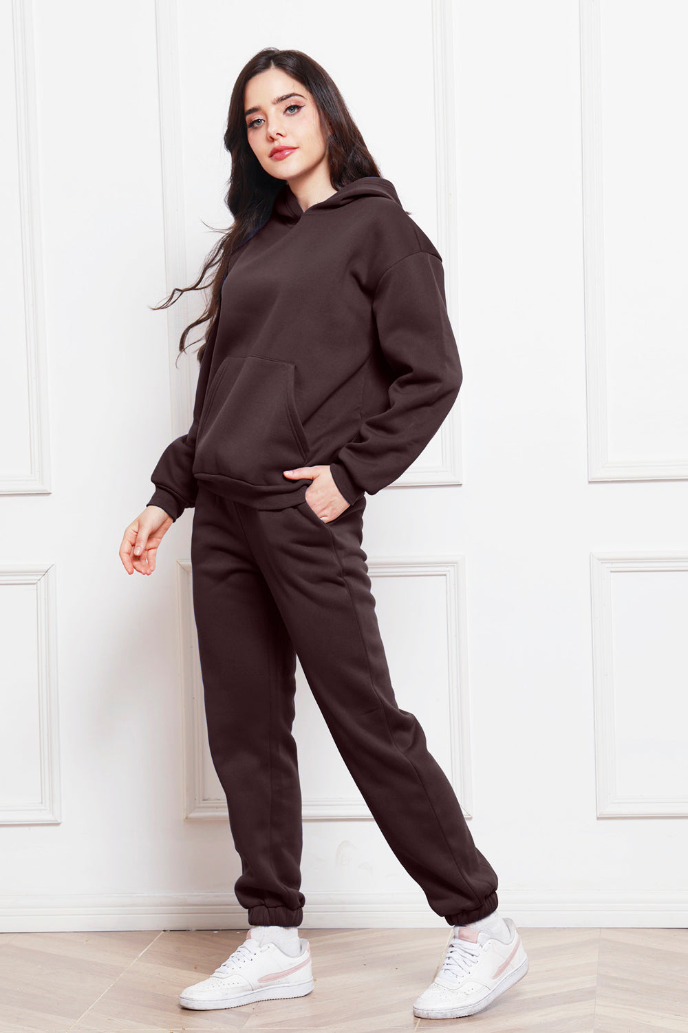 Drop Shoulder Long Sleeve Hoodie and Pants Set - Whateversit