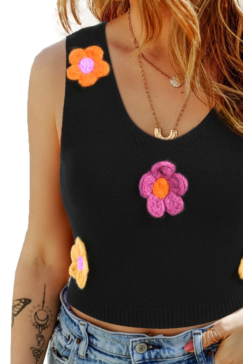 Flower Scoop Neck Knit Vest - Whateversit