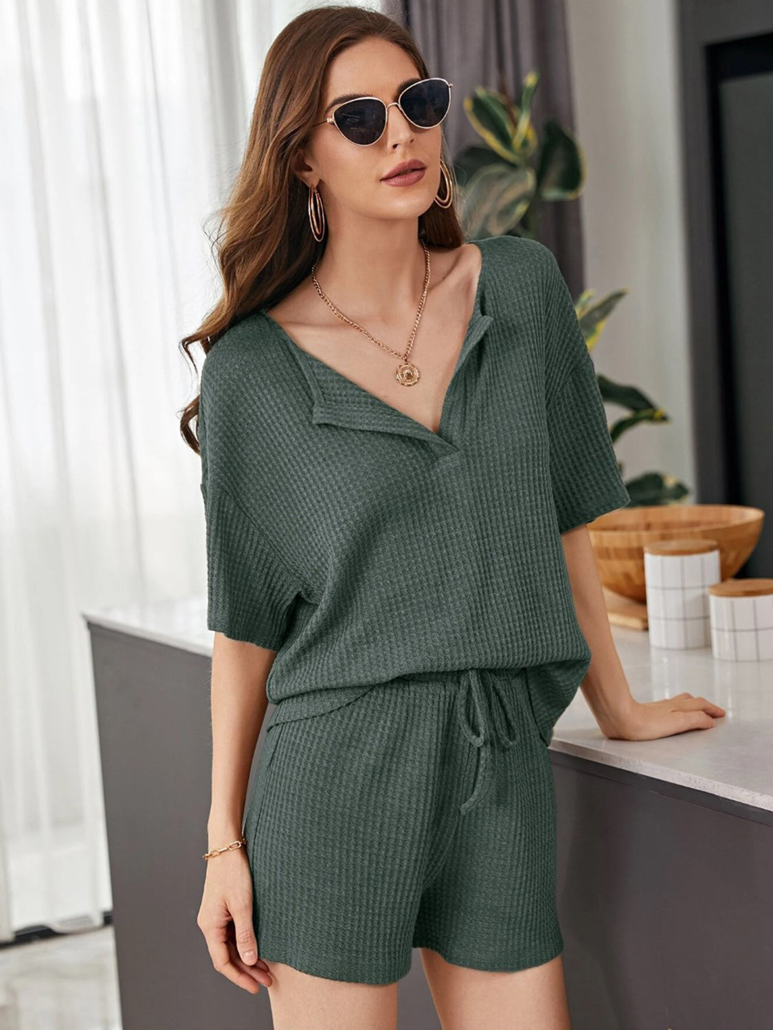 Full Size Waffle-Knit Dropped Shoulder Top and Shorts Set - Whateversit