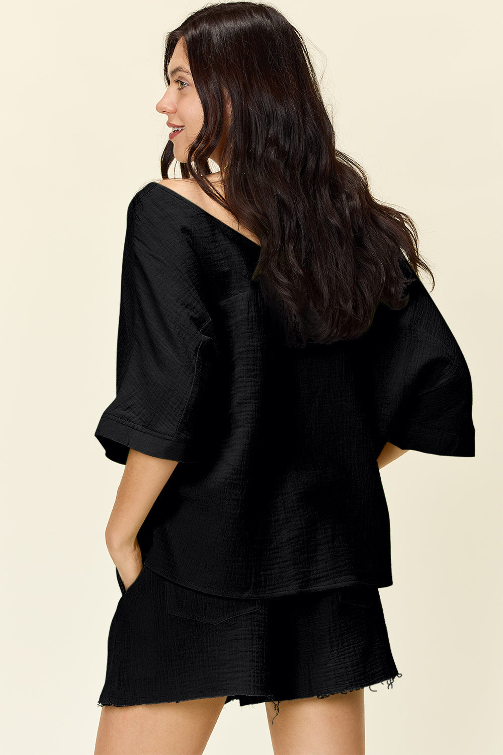 Double Take Texture Half Sleeve T-Shirt and Drawstring Shorts Set - Whateversit