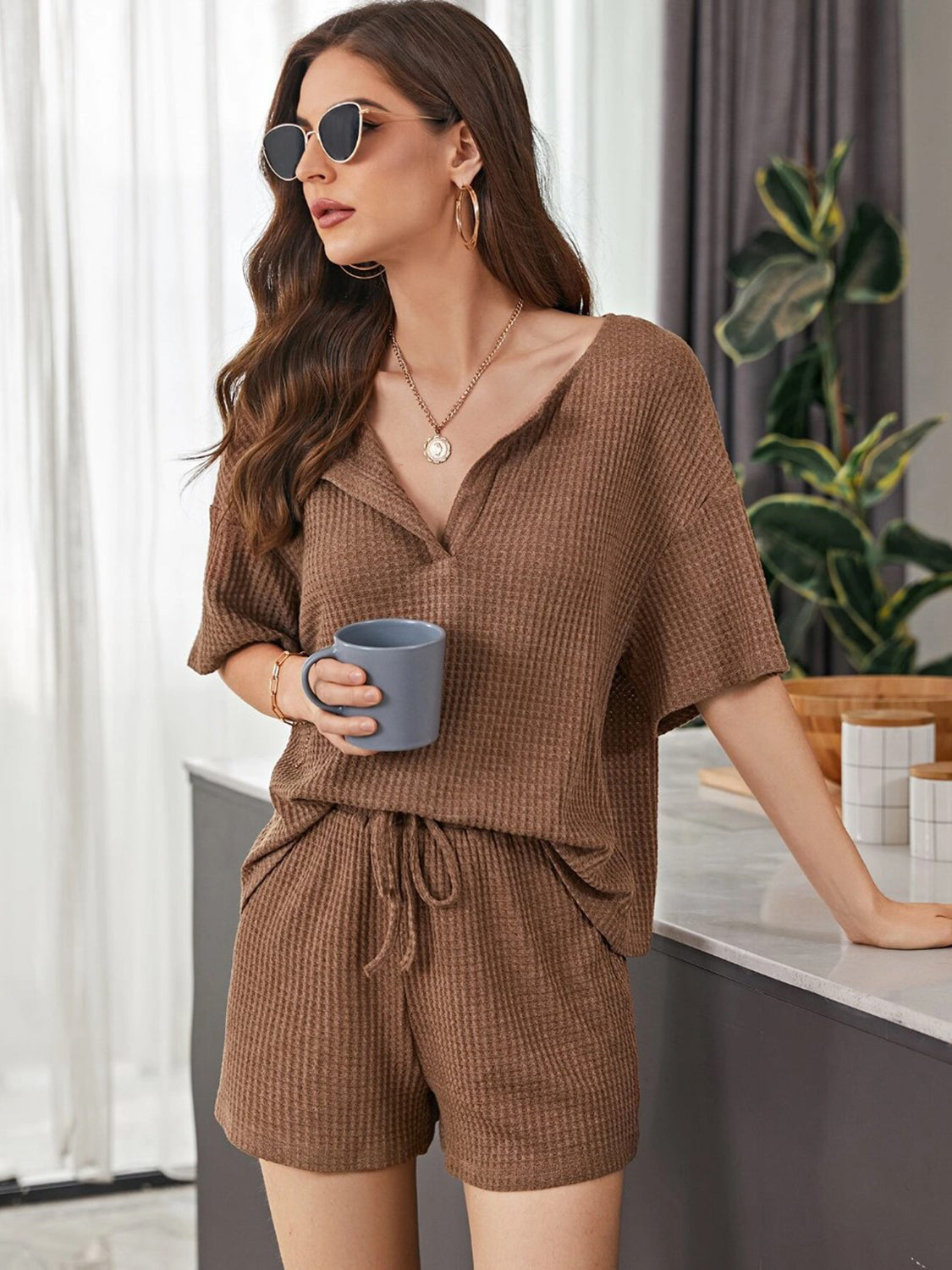 Full Size Waffle-Knit Dropped Shoulder Top and Shorts Set - Whateversit