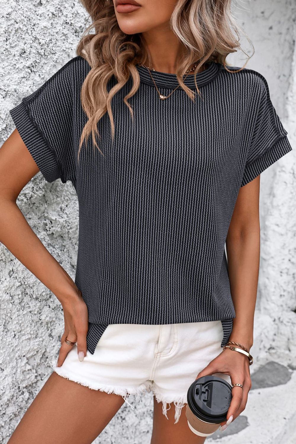 Striped Round Neck Short Sleeve T-Shirt - Whateversit