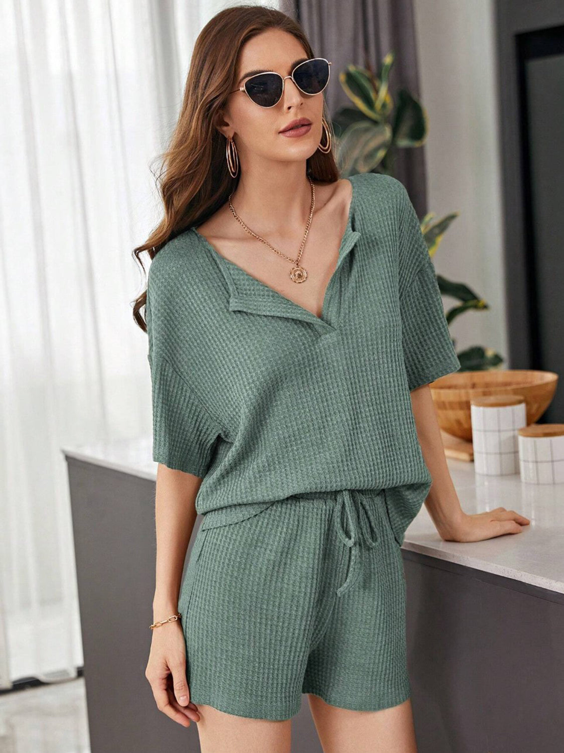 Full Size Waffle-Knit Dropped Shoulder Top and Shorts Set - Whateversit