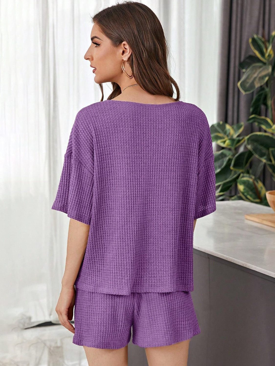 Full Size Waffle-Knit Dropped Shoulder Top and Shorts Set - Whateversit