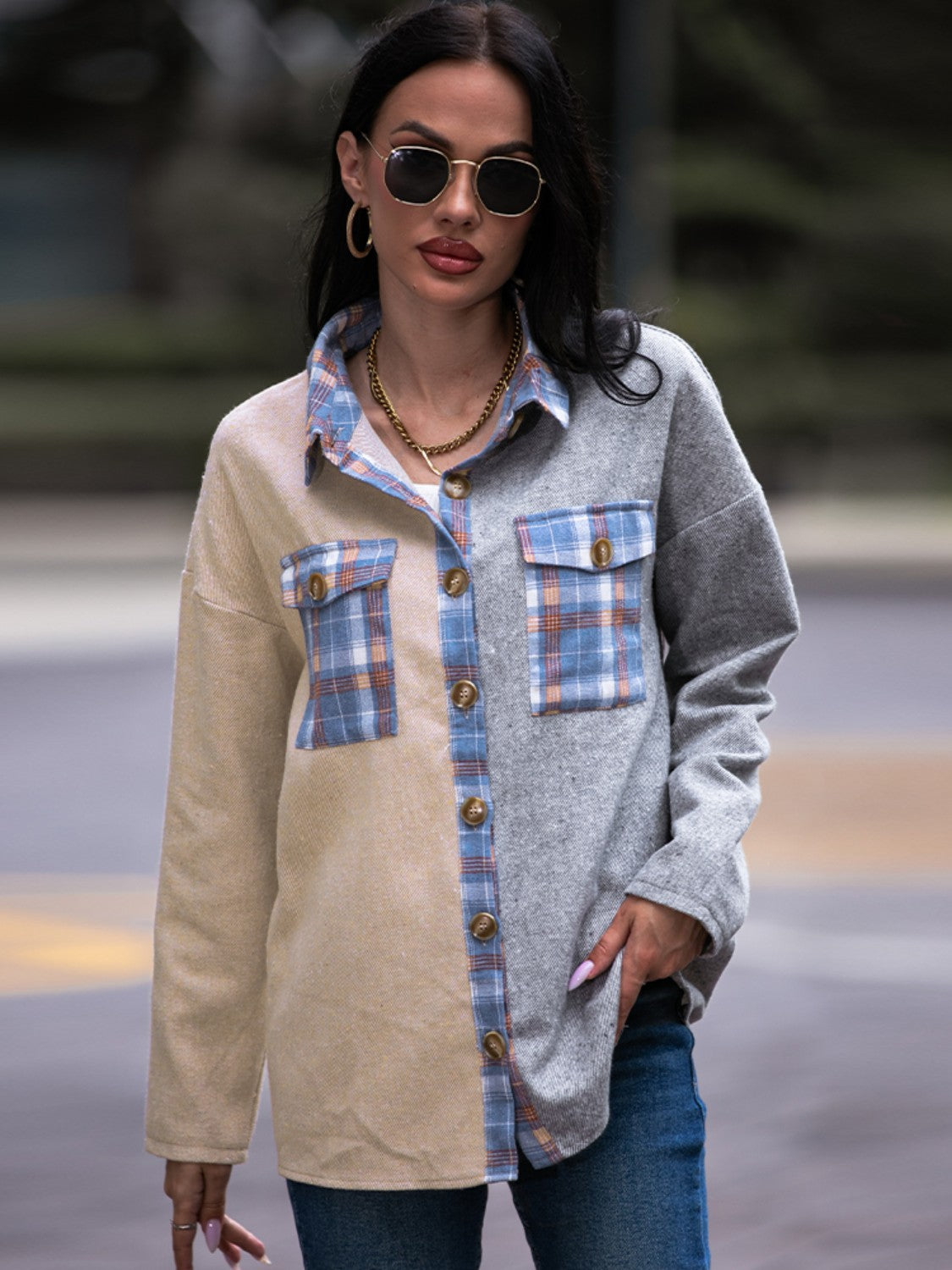 Plaid Contrast Drop Shoulder Shacket - Whateversit