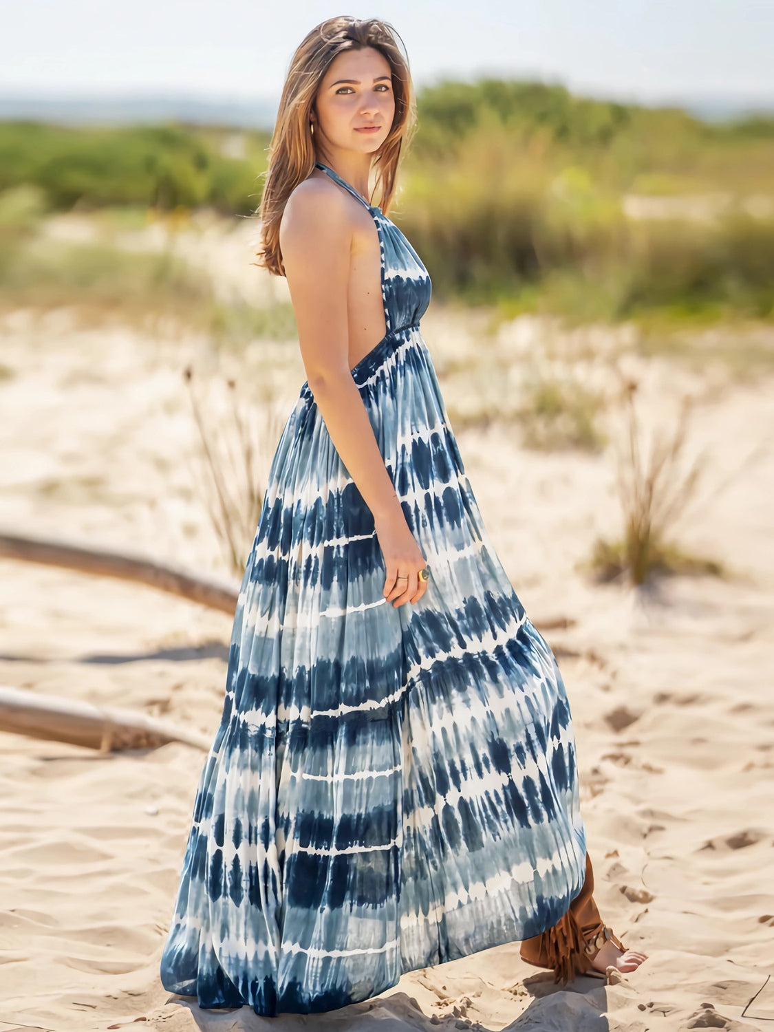Tie-Dye Halter Neck Sleeveless Dress - Whateversit