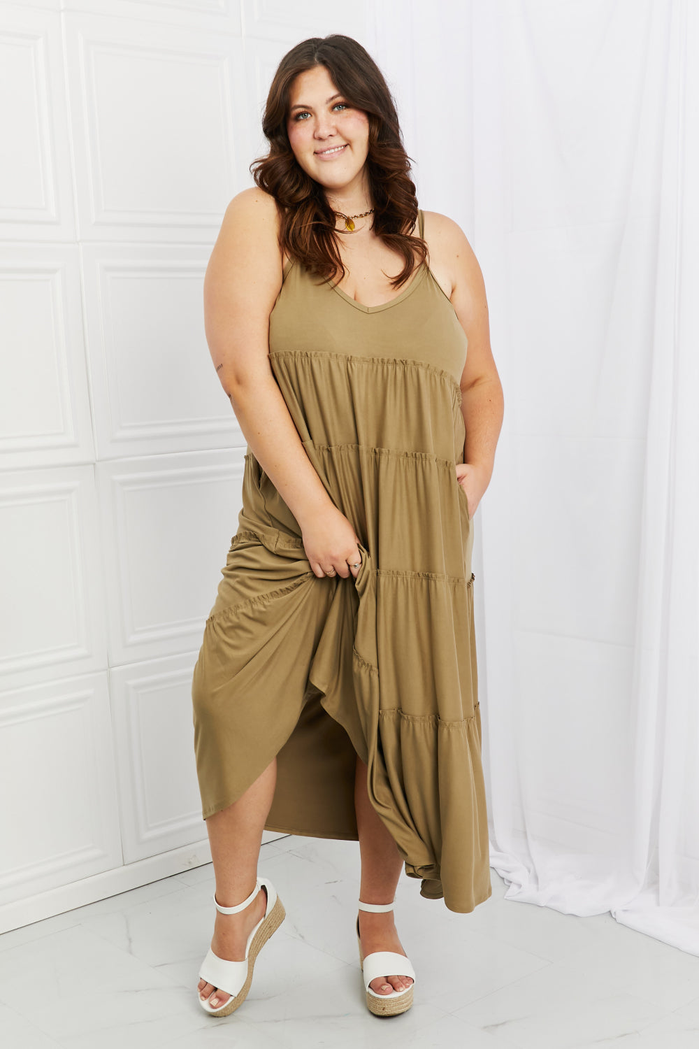 Zenana Full Size Spaghetti Strap Tiered Dress with Pockets in Khaki - Whateversit