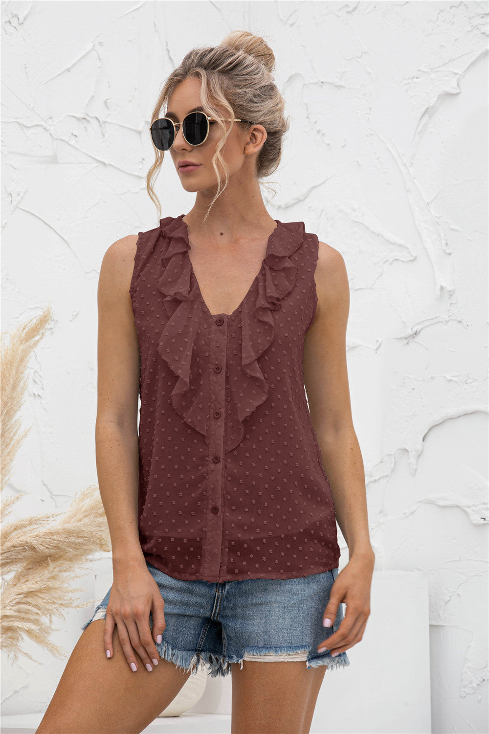 Swiss Dot Ruffled Wide Strap Tank - Whateversit