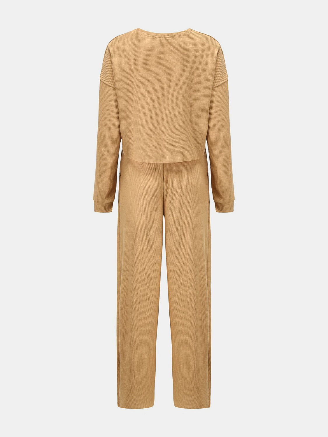 Waffle-Knit Round Neck Top and Pants Set - Whateversit