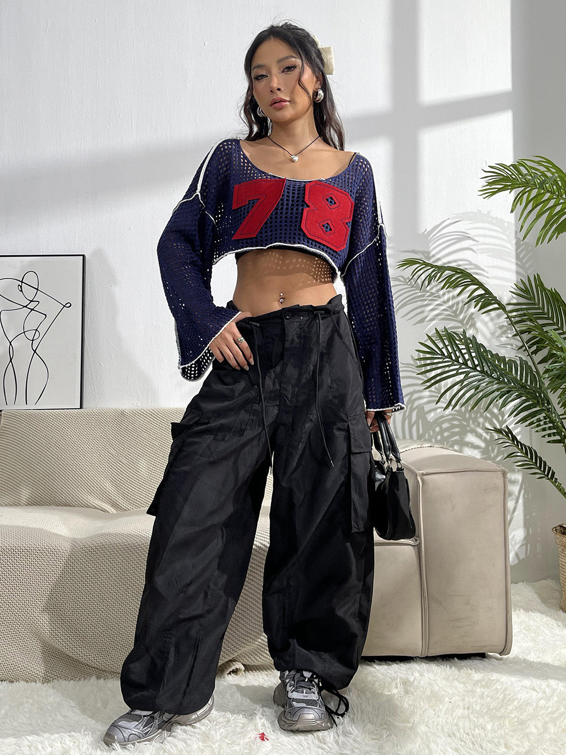 Contrast Patches Long Sleeve Cropped Knit Top - Whateversit